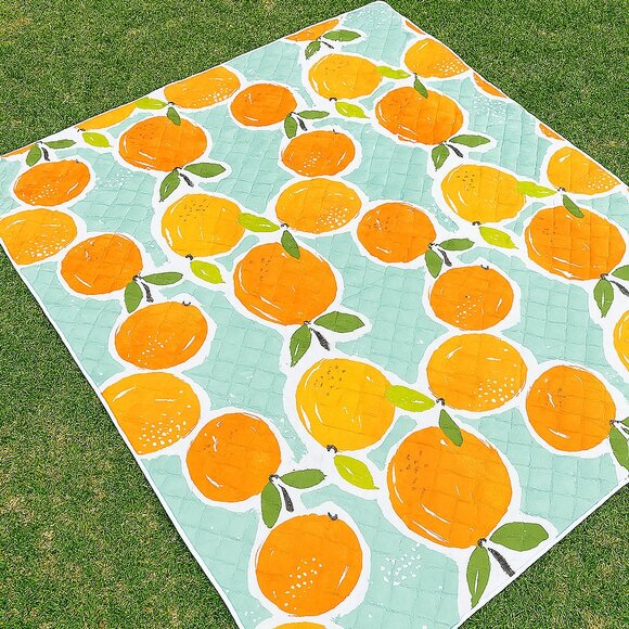 NEW Orange Print Quilted Picnic Blanket with Carry Strap • Reversible & Foldable - Picture 1 of 2